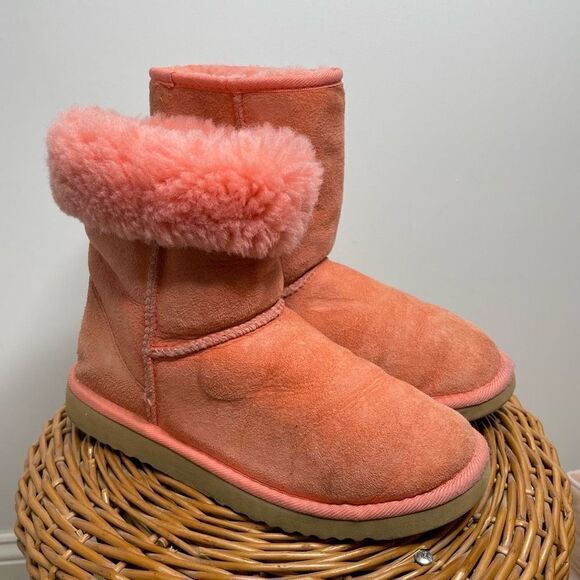 UGG Classic‎ Short 5825 Leather Sheepskin Lined Winter Boots Pink Coral Orange 7 - Picture 8 of 9